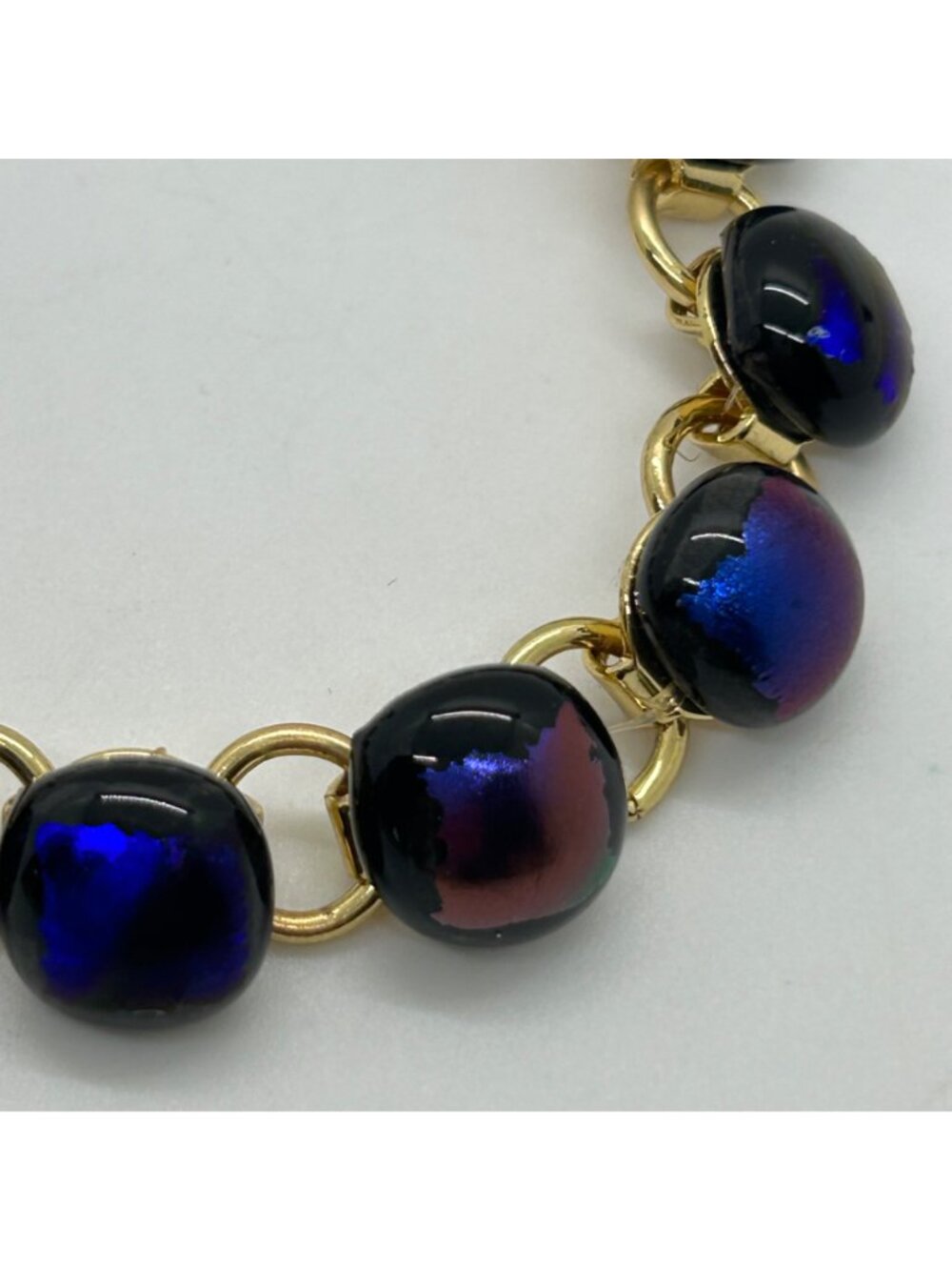 Vintage Gold-Tone Bracelet With Iridescent Dichroic Glass Beads Blue Purple - Picture 16 of 16